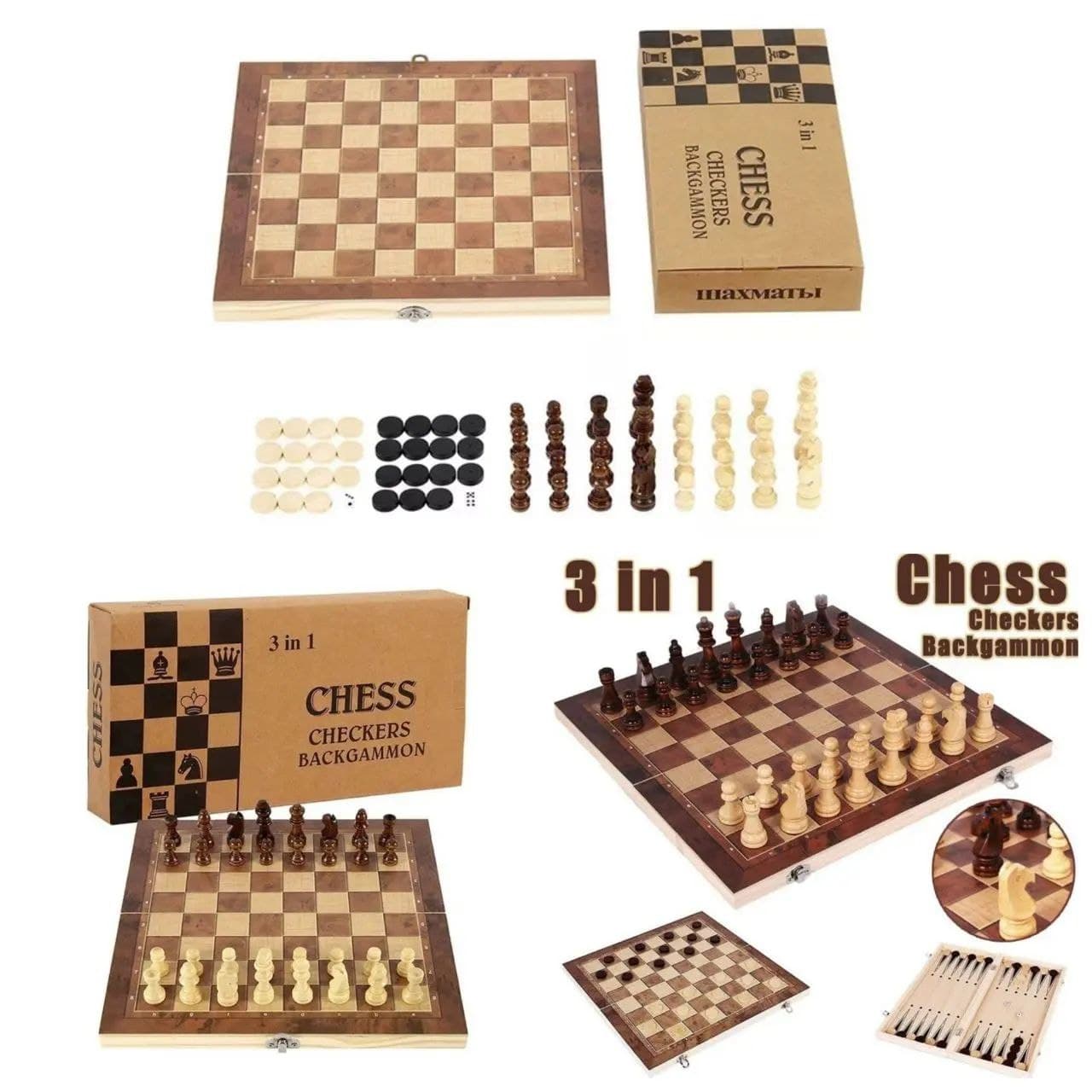 3 in 1 Non-Magnetic Wooden Chess