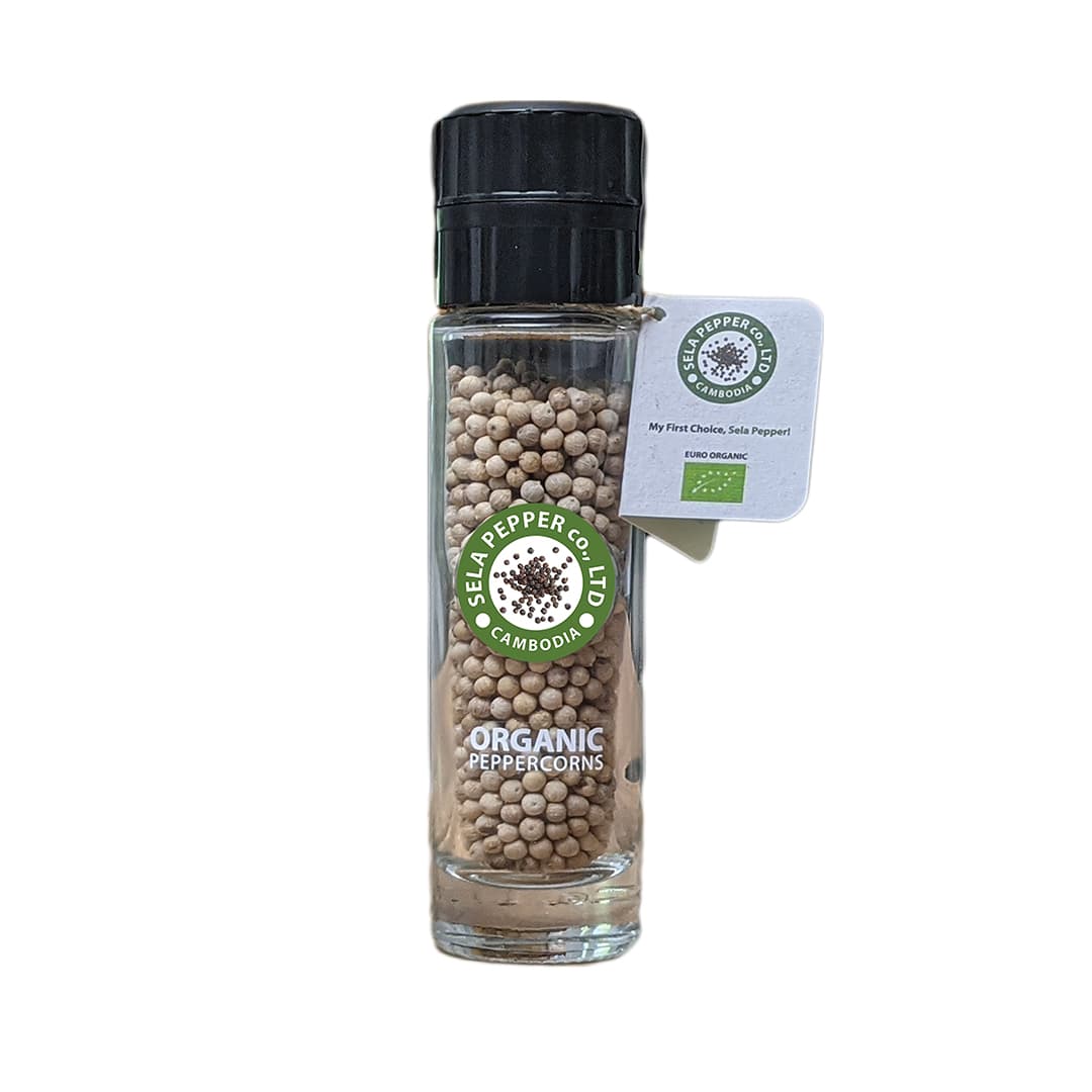 Organic White Peppercorn in Glass Bottle with Adjustable Grinder - Sela Pepper