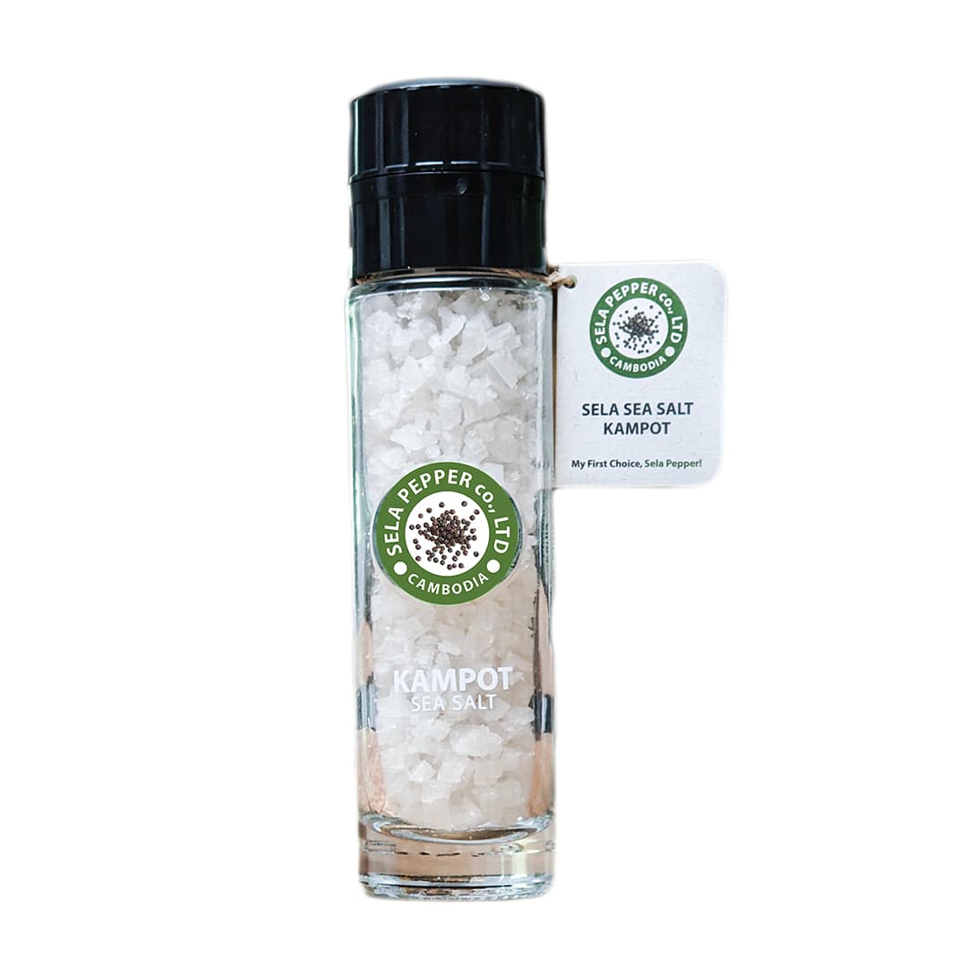 Kampot Sea Salt in Glass Bottle with Adjustable Grinder - Sela Pepper