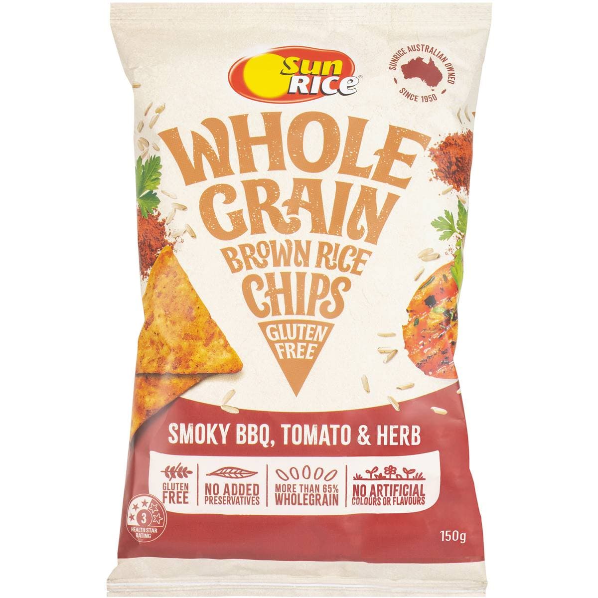 Gluten Free Whole Grain Brown Rice Chips Smokey BBQ, Tomato & Herb - Sunrice