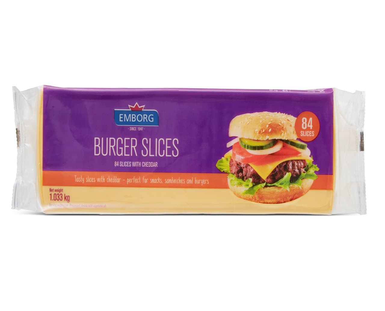 Coloured Cheddar Buger Slices with 50% Cheese - Emborg