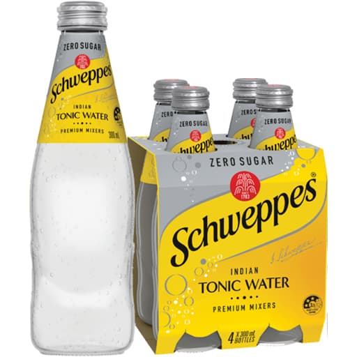 Schweppes Indian Tonic Water Zero Sugar Glass Bottle Pack X4