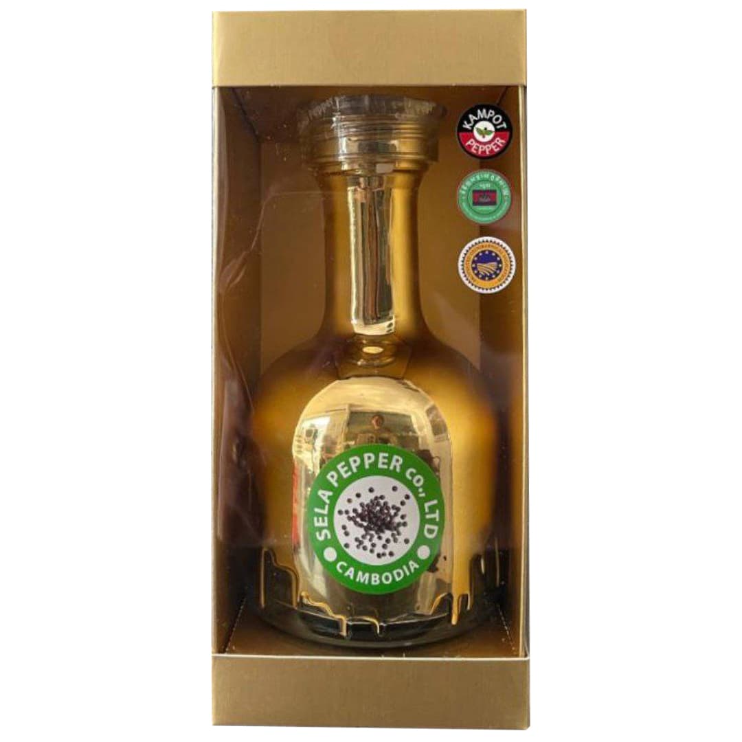 Kampot Black Pepper Corn in Gold Bottle with Adjustable Grinder - Sela Pepper