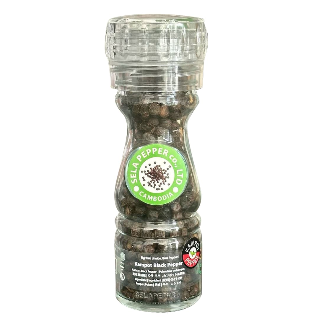 Kampot Black Pepper Corn in Glass Bottle with Adjustable Grinder - Sela Pepper