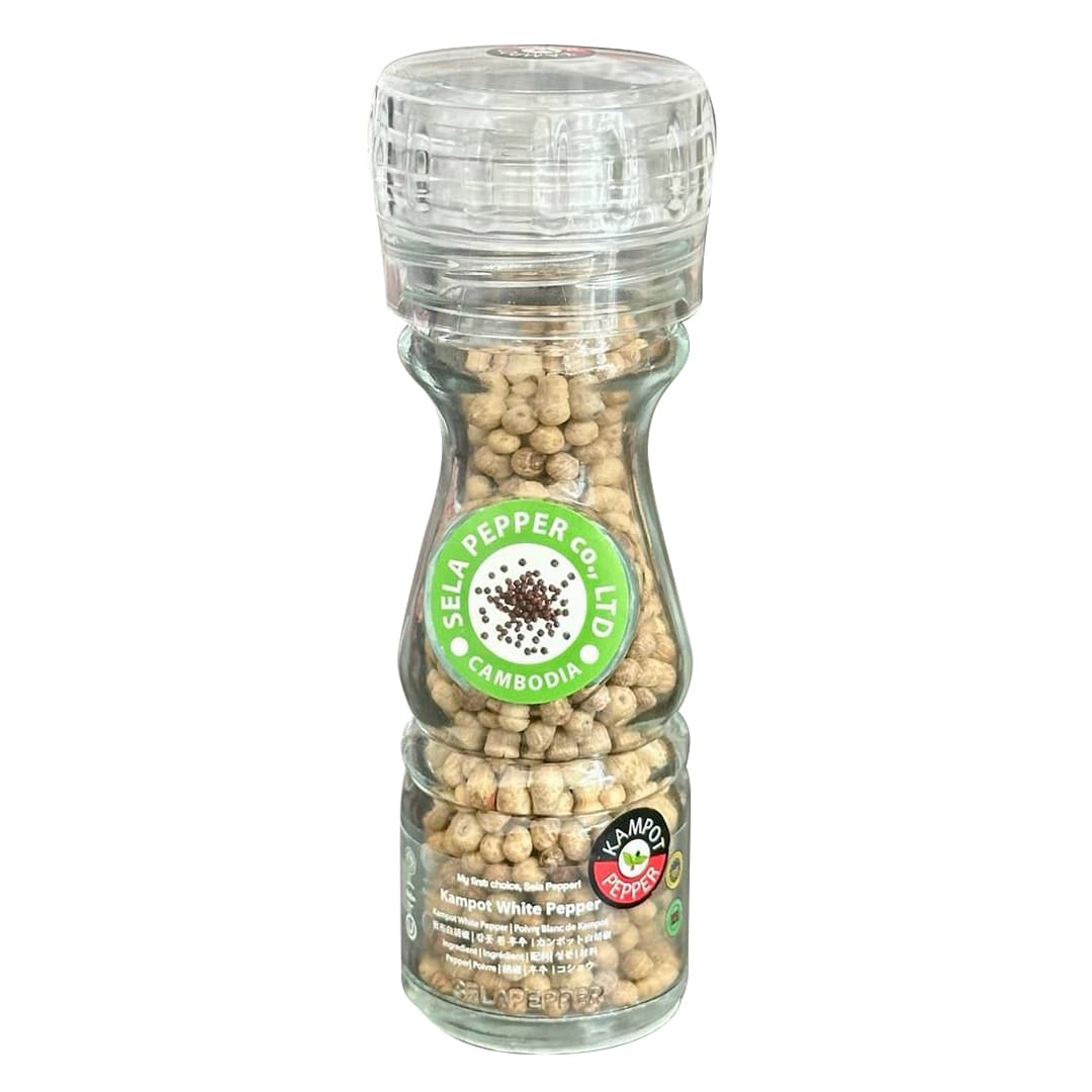 Kampot White Pepper Corn in Glass Bottle with Adjustable Grinder