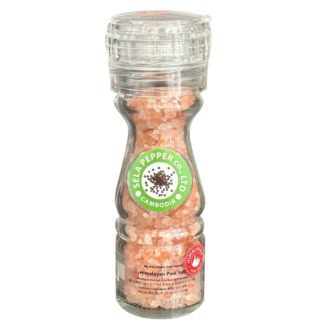 Himalaya Pink Salt in Glas Bottle with Adjustable Grinder - Sela Pepper